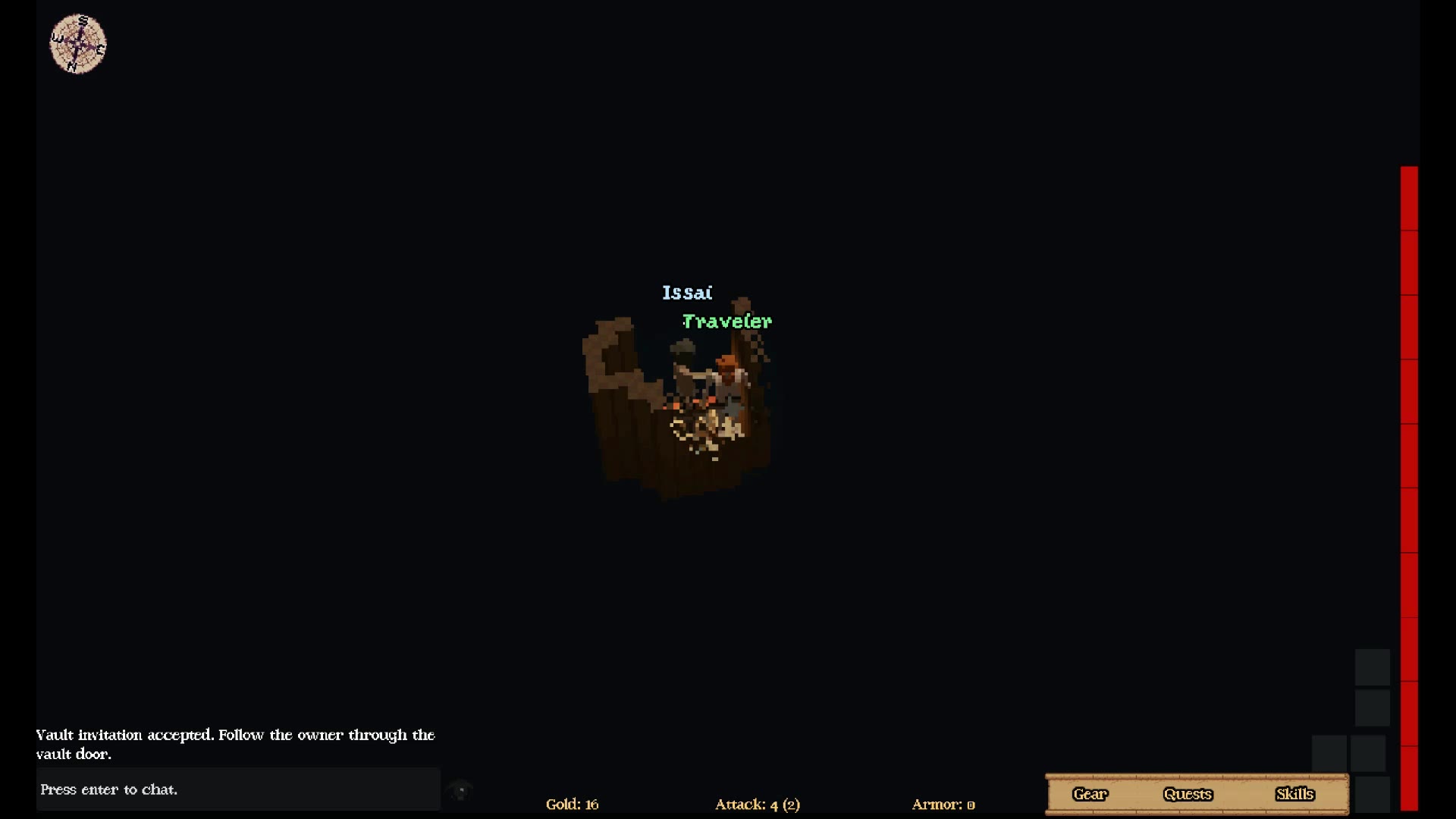 Traveler and Issai together inside a player vault