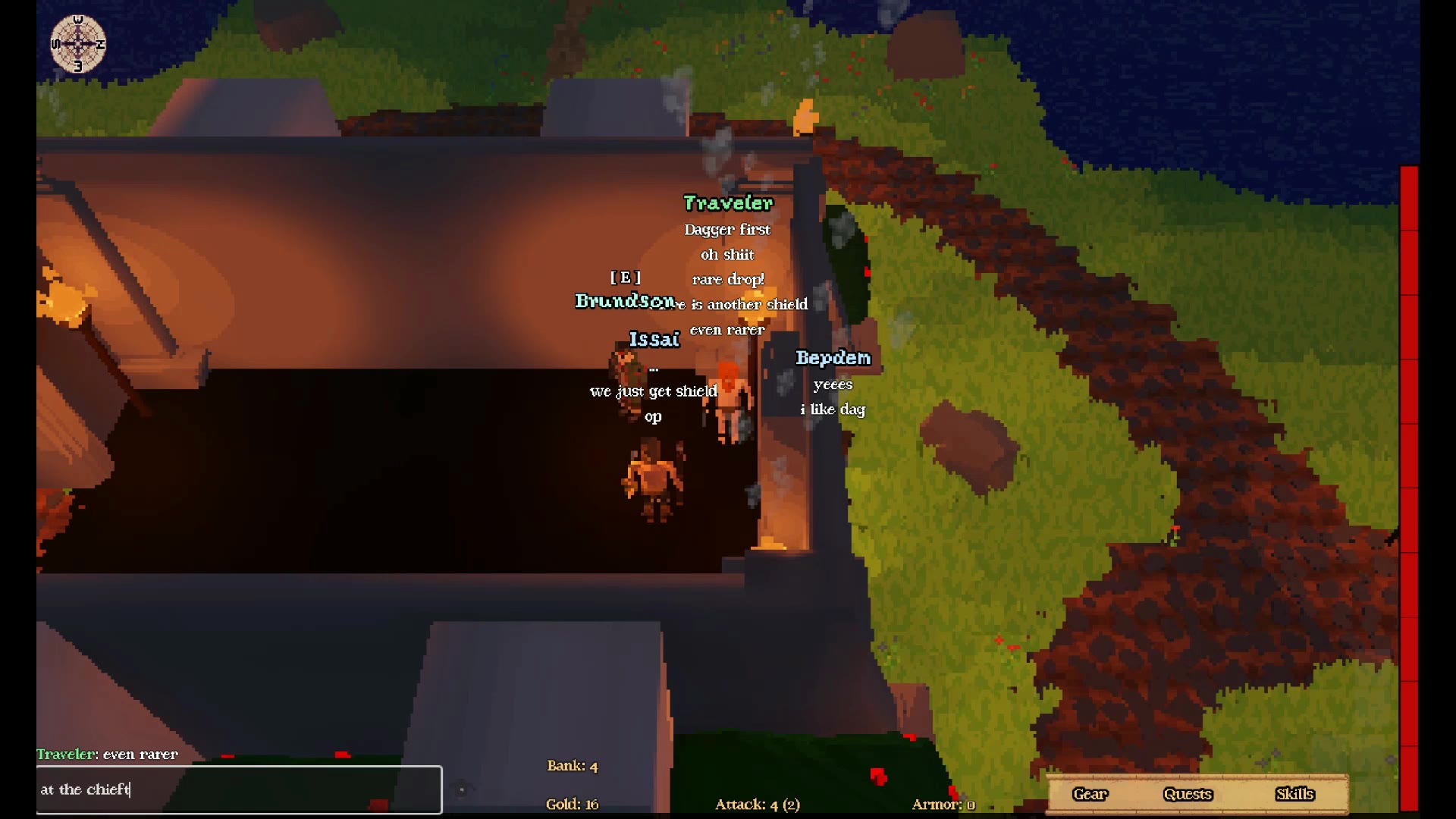 Issai, Bepdem, Traveler, and Brundson discussing shields and the Goblin Chieftain beside a vault