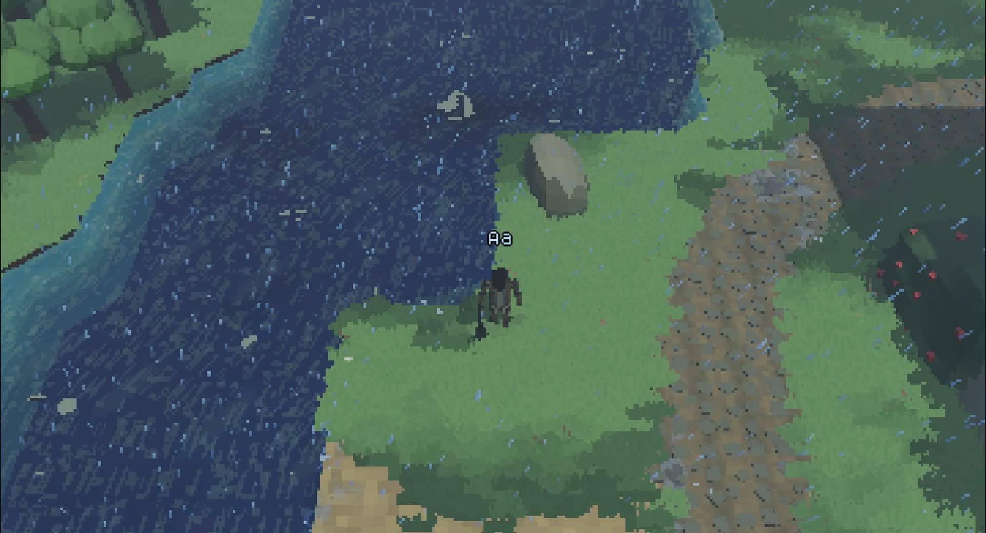 Rain falling across a green riverbank